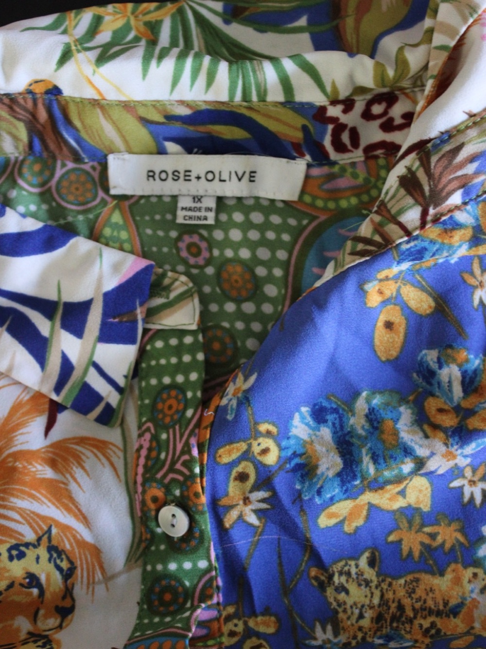 Rose + Olive 1X Patchwork Leopard Tropical Print Oversized Button Down Shirt - Picture 10 of 12